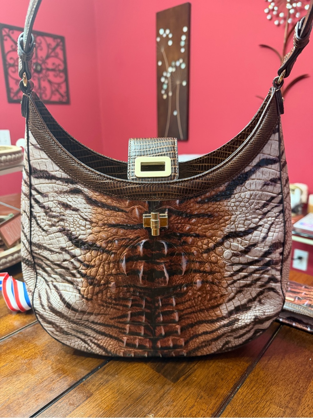 Brahmin Brown Croc-Embossed Shoulder Bag and wallet with Brass Hardware